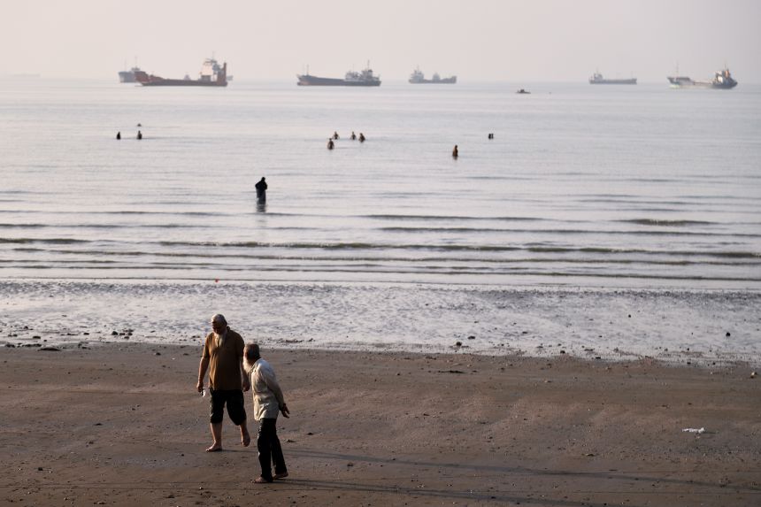 The shoreline of the Strait of Hormuz, where blockaded ships are anchored off Bandar Abbas, Iran, on June 1.
