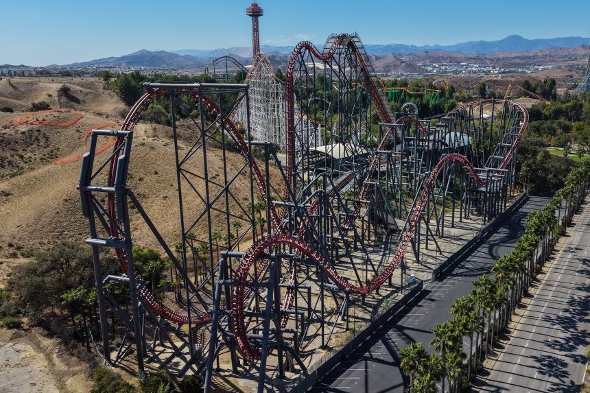 This aerial view shows the X2 roller coaster at Six Flags Magic Mountain in Valencia, California, on Sept. 23, 2026.