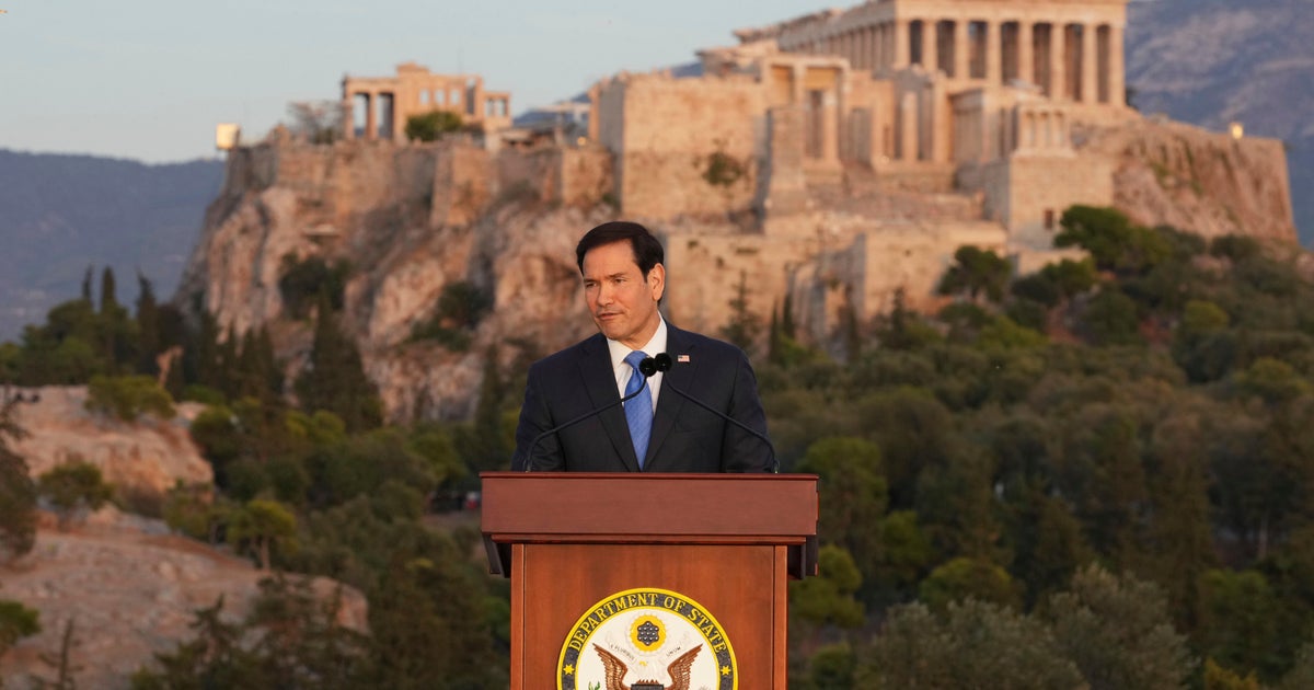 U.S. Secretary of State Marco Rubio speaks at the Pnyx hill, where ancient Athenians held democratic assemblies, with the ancient Parthenon temple atop the Acropolis in the background, on Wednesday, Oct. 7, 2026.