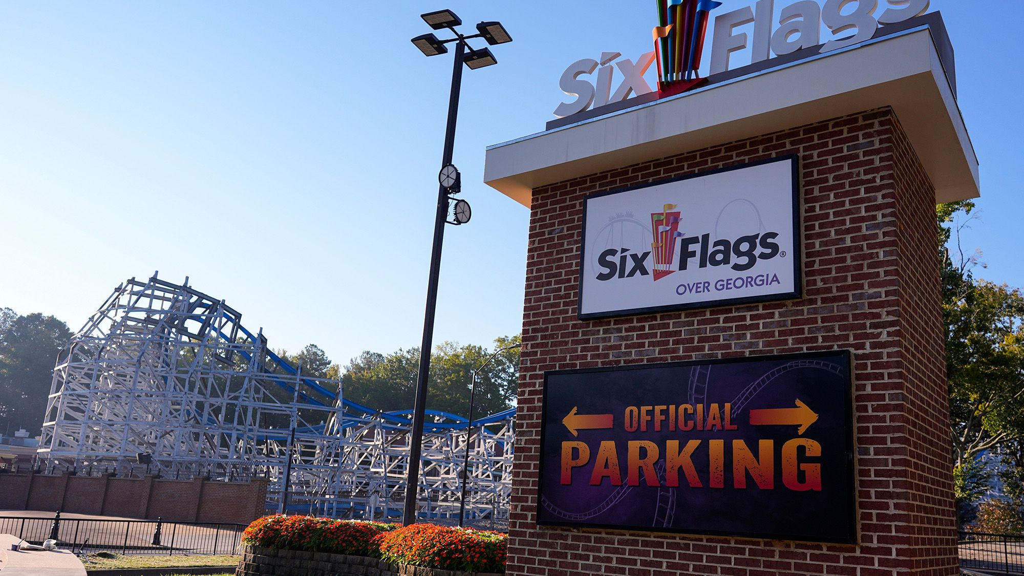 Attractions are seen at Six Flags Over Georgia, about 15 miles (24 kilometers) northwest of Atlanta, Tuesday, Oct. 13, 2026.