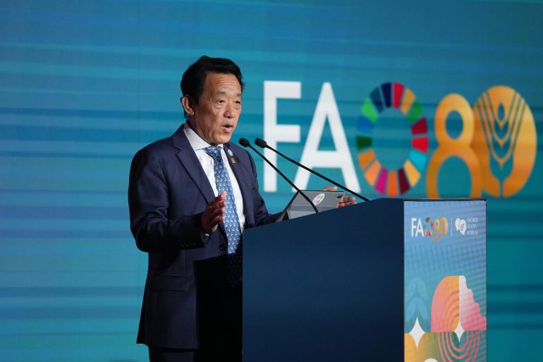 Director-General of the Food and Agriculture Organization of the United Nations Qu Dongyu delivers his speach during a World Food Forum meeting at the UN Food and Agriculture Organization headquarters in Rome, Monday, Oct. 13, 2025. (AP Photo/Andrew Medichini)