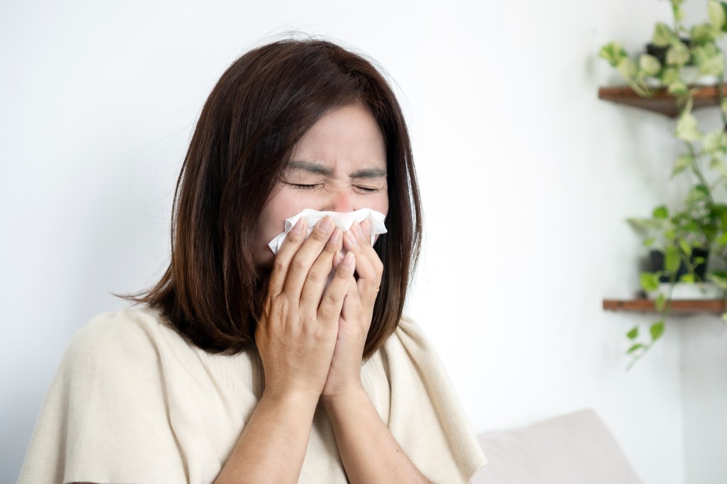 An Asian woman sneezing into a tissue at home, experiencing cold or allergy symptoms.