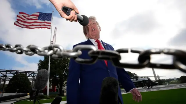 Trump speaks into a microphone on the White House lawn