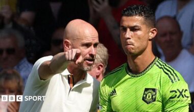 Erik ten Hag speaks to Cristiano Ronaldo during their time together at Manchester United