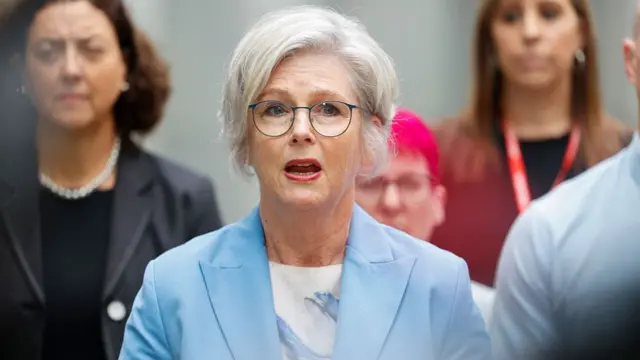 Helen Haines is pictured speaking surrounded by people, wearing a blue blazer.