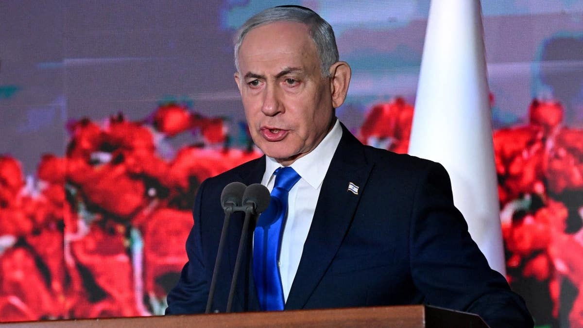 Israeli Prime Minister Benjamin Netanyahu speaks during the state memorial ceremony