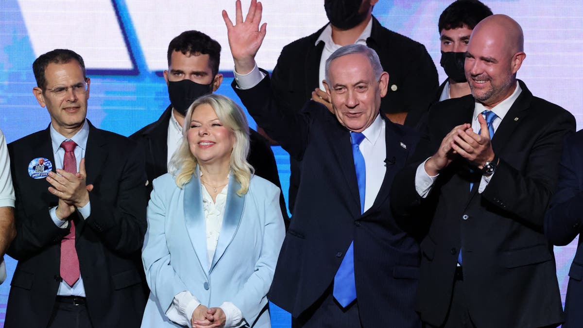 Israeli Prime Minister, Benjamin Netanyahu, greets supporters during a Likud Party campaign