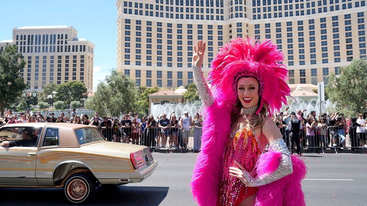 Dancers perform during the Vegas Strip Parade honoring Bruno Mars in Las Vegas.