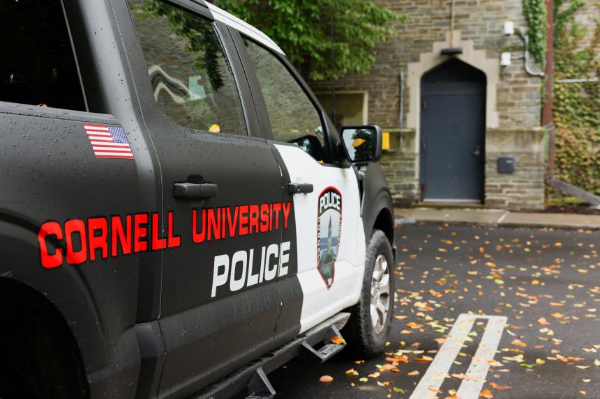 A Cornell University Police vehicle is stationed on the campus in Ithaca, New York, on October 1.