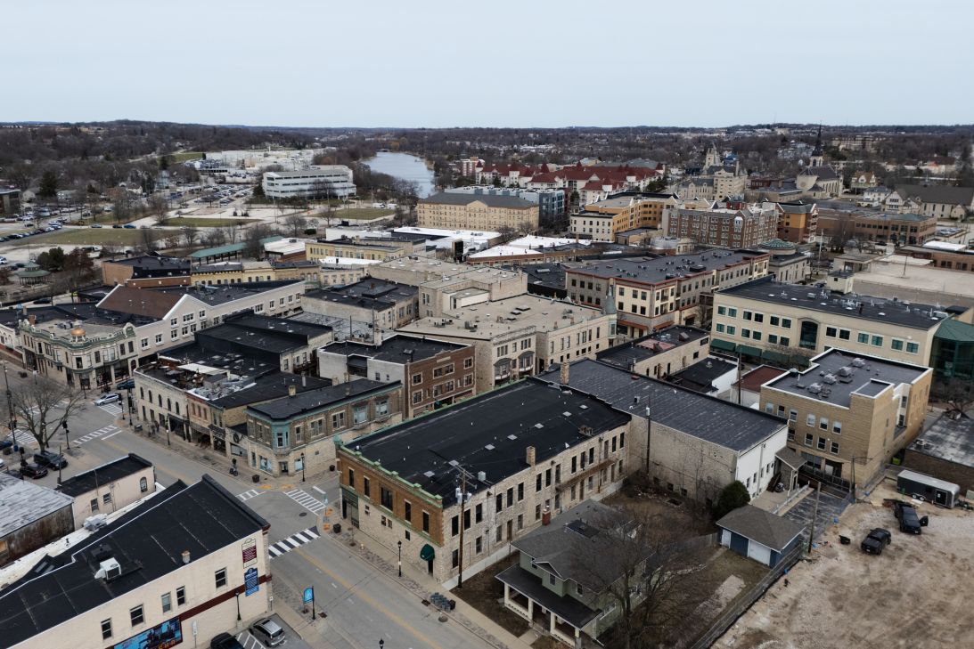 An aerial view of Waukesha, Wisconsin on April 1, 2025.