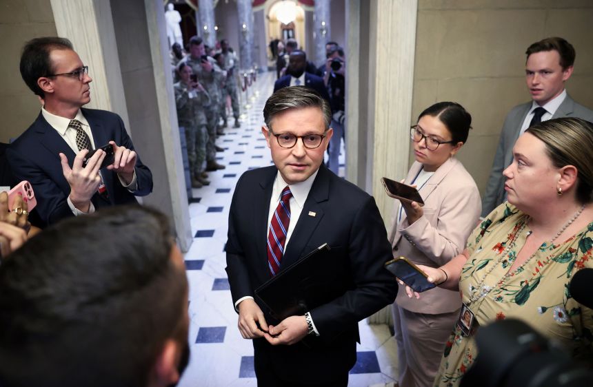 Speaker of the House Mike Johnson speaks to reporters outside of his office at the US Capitol on September 16, 2026.