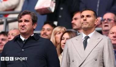 Manchester City CEO Ferran Soriano and chairman Khaldoon Al Mubarak watch on from the stands before kick-off at the 2026 FA Cup final