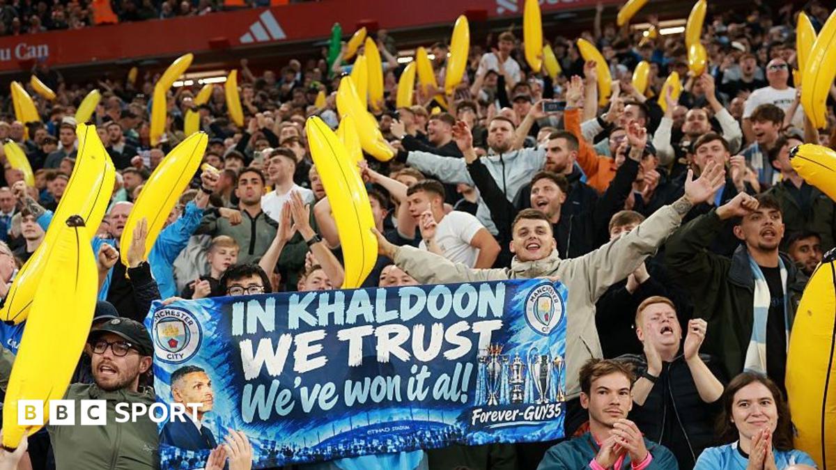 Manchester City fans holding inflatable bananas during their win at Liverpool in October 2026