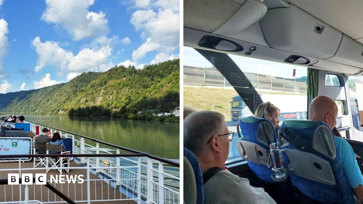 A photo taken out of a porthole on a river cruise vessel. Visible is the Dabune river with some trees in the background, against a blue sky.