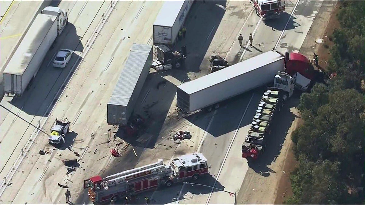 Aerial view of deadly semi-truck crash on I-10 in California
