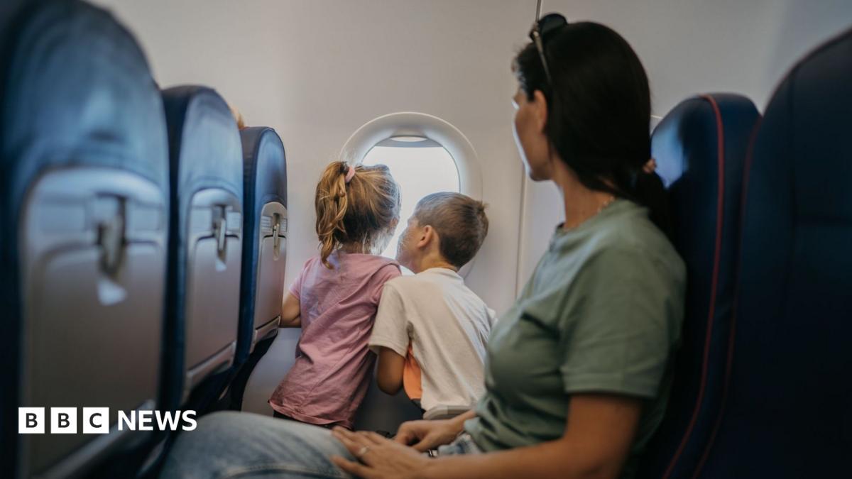 A dark-haired woman watches on as two children look through an aeroplane window.