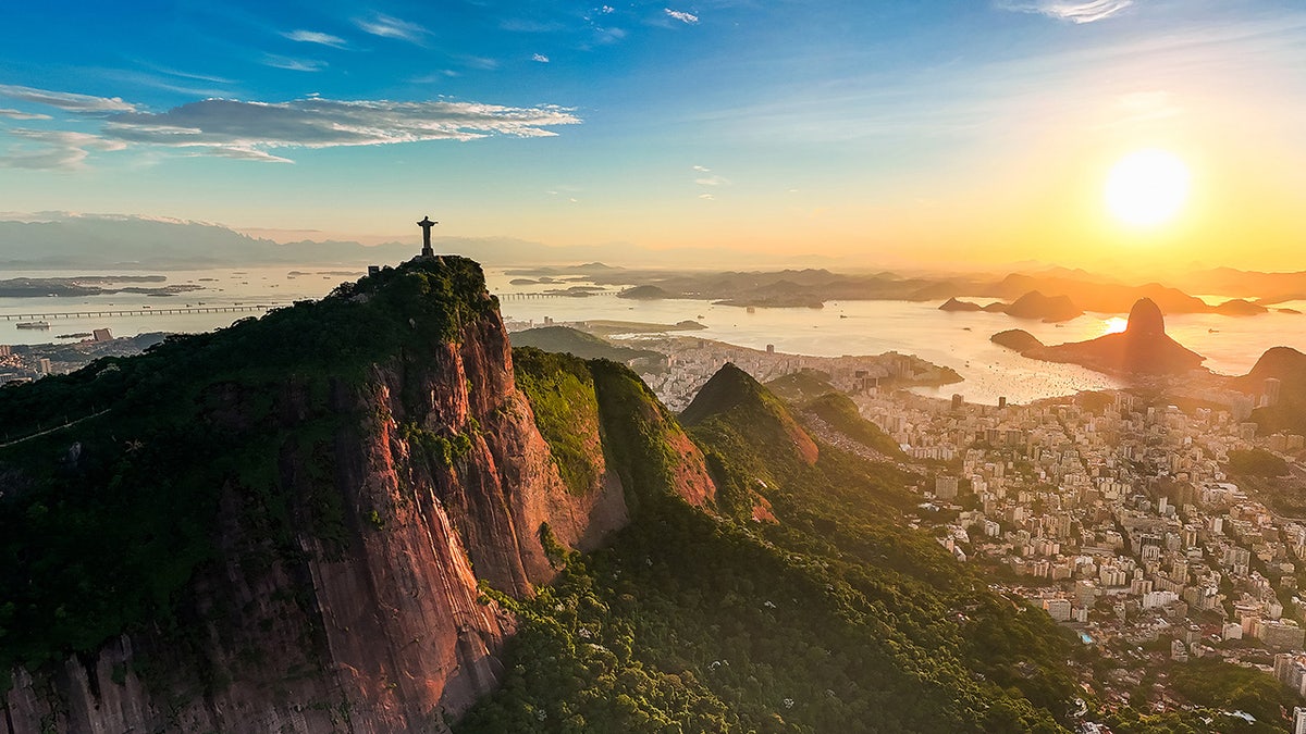 Scenic Colorful Landscape of Rio de Janeiro On Sunrise With Corcovado and Sugarloaf Mountains.