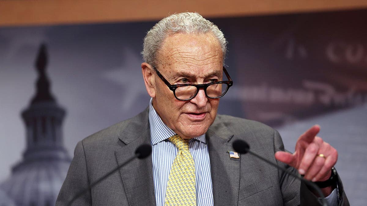 Chuck Schumer takes a question during a press conference on China AI export controls at the U.S. Capitol.