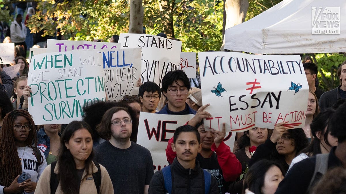 Students protest on Ho Plaza at Cornell University in Ithaca, New York.