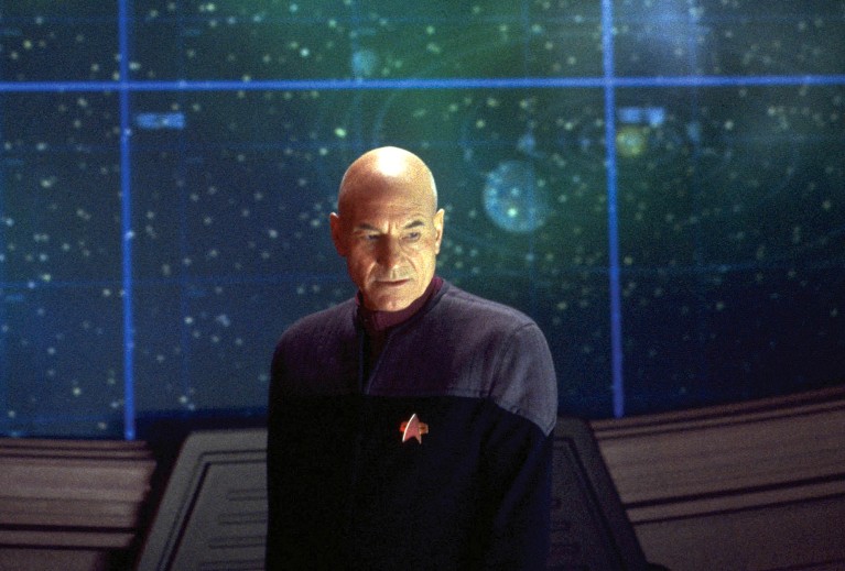 Production still of Patrick Stewart as Captain Jean-Luc Picard on the Starship Enterprise.