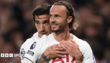 James Maddison is hugged by Sandro Tonali after scoring