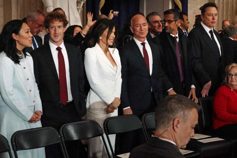 Priscilla Chan, Meta founder Mark Zuckerberg, Lauren Sanchez, Amazon founder Jeff Bezos, Google CEO Sundar Pichai and Tesla CEO Elon Musk attend Donald Trump’s inauguration ceremony on January 20, 2025