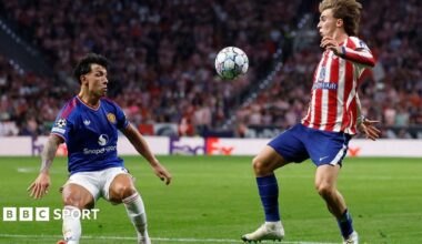 Manchester United defender Lisandro Martinez in action against Atletico Madrid
