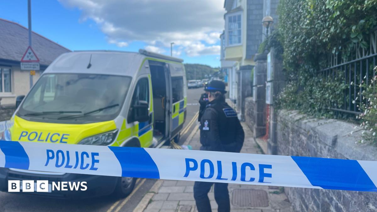 A picture of the scene in Dartmouth. There is police tape and an officer and van behind it.