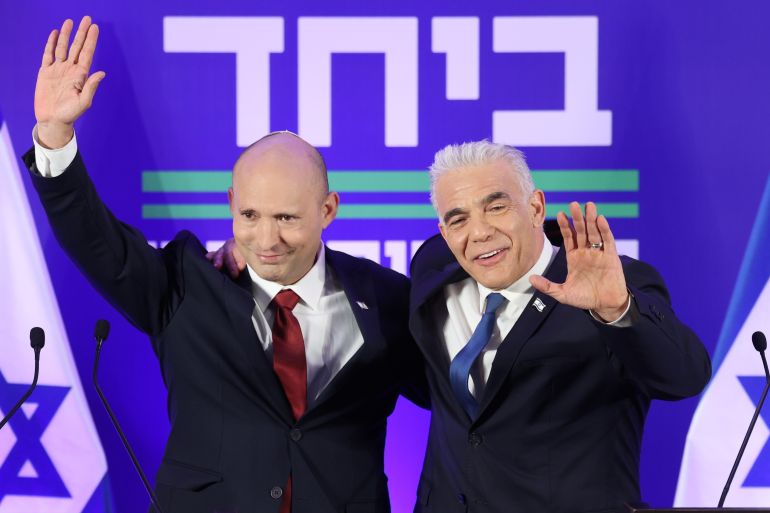 epa12915798 Former Israeli prime ministers Naftali Bennett (L) and Yair Lapid (R) hold a joint press conference in Herzliya, Israel, 26 April 2026. The two leaders announced they will run together in the upcoming general elections under a new unified party called 'Together'. Israel's general elections are scheduled for 27 October 2026. EPA/ABIR SULTAN