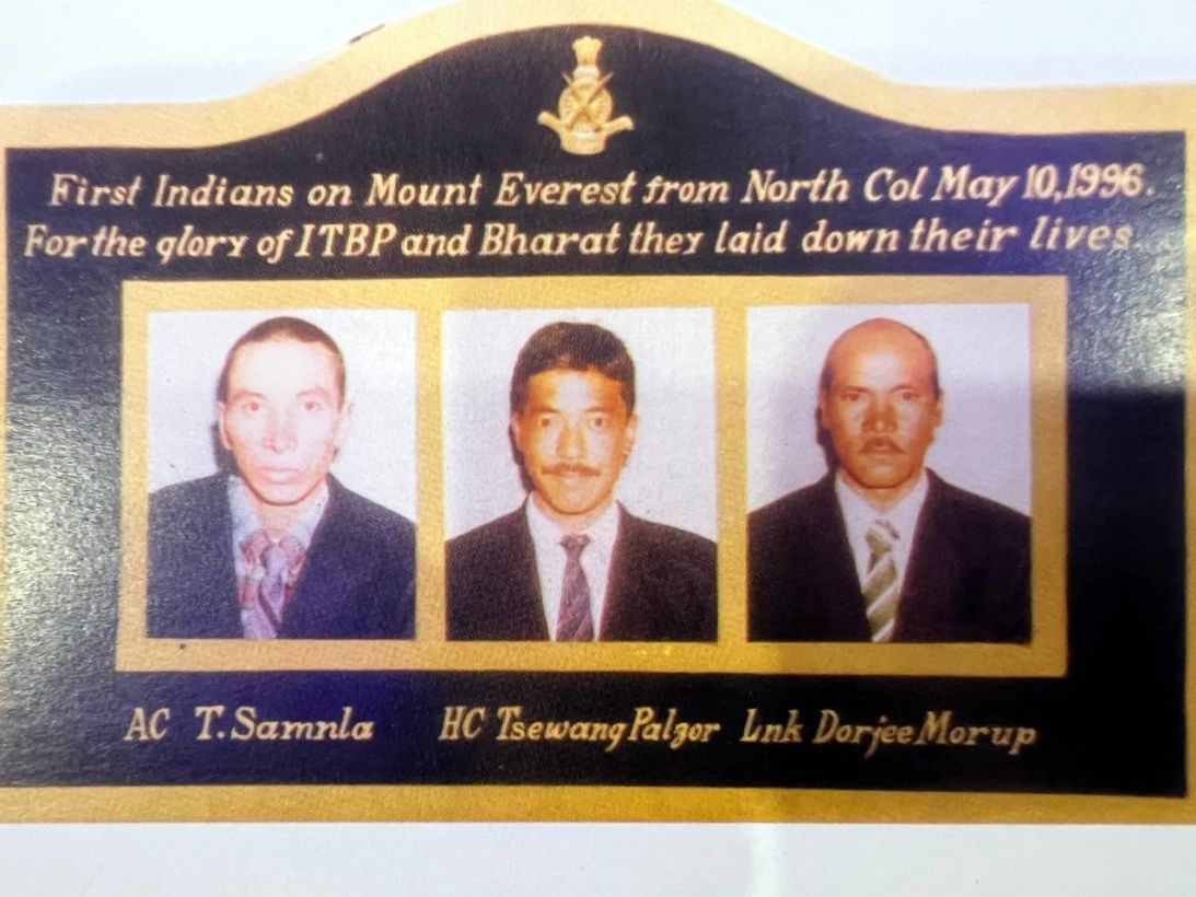 A memorial plaque dedicated to Indo-Tibetan Border Police members Dorje Morup, Tsewang Paljor and Tsewang Smanla, who died in a storm on Everest on May 11, 1996.
