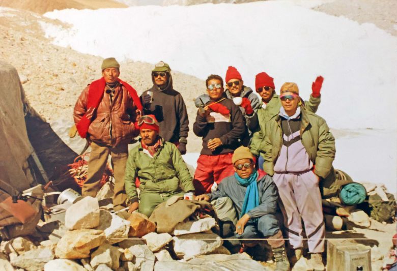 Climbers with the Indo-Tibetan Border Police expedition outside camp on Everest in 1996