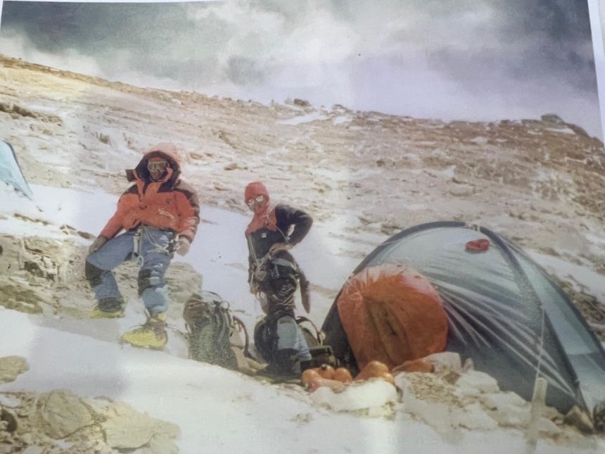 Expedition team members outside their tent on Everest in 1996.