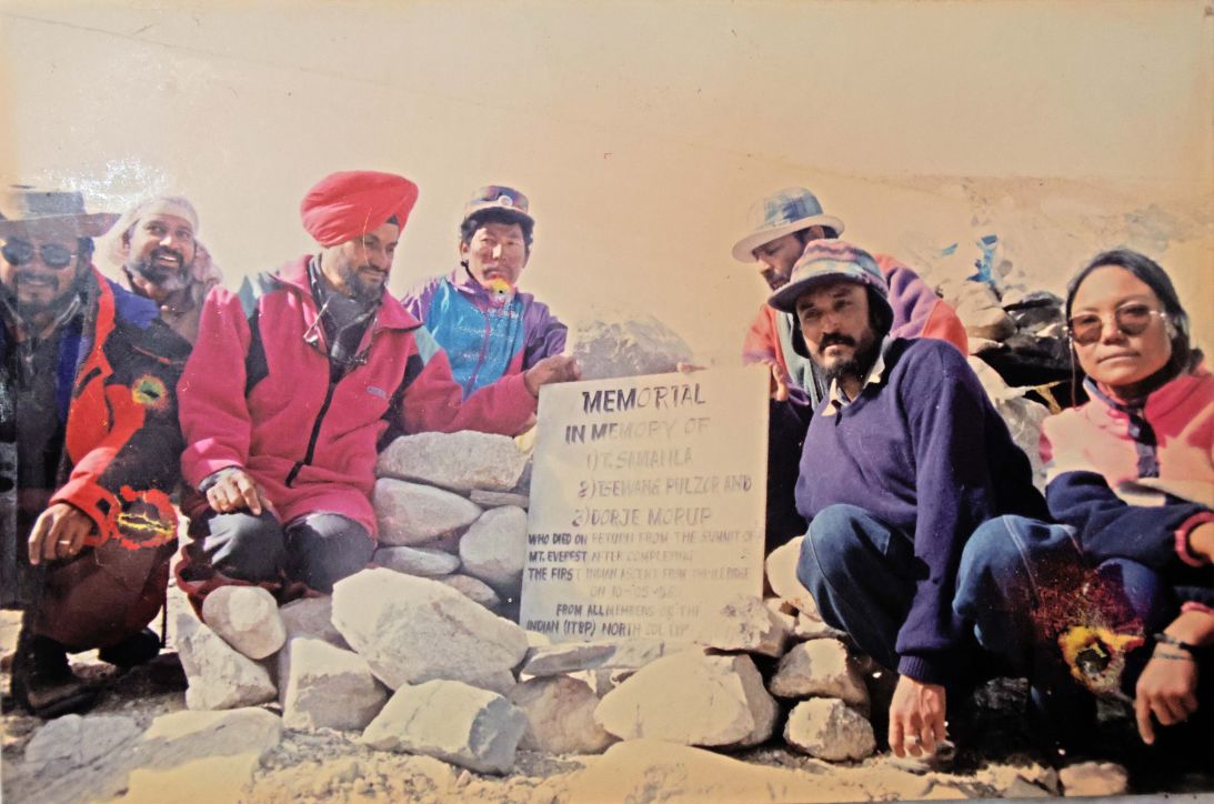 Members of India’s Into-Tibetan Border Police 1996 Everest expedition next to a memorial for Dorje Morup, Tsewang Paljor and Tsewang Smanla, who died in a storm on Everest.