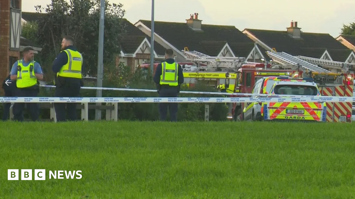 A number of gardaí (Irish police) stand guard at cordons in a housing estate in Waterford.  Fire engines are parked at the scene. The street is lined with large, semi-detached houses, some trees and there is a communal lawn in the foreground.
