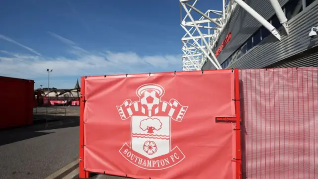 View of the Southampton club badge outside the stadium prior to the Premier League match between Southampton FC and Manchester United FC