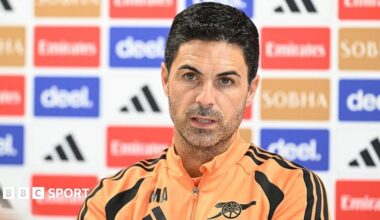 Mikel Arteta speaking at an Arsenal news conference