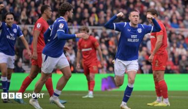 Jack Moylan celebrates for Cardiff City after scoring against Middlesbrough