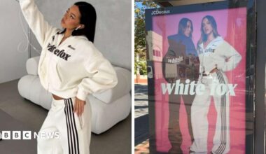 Two pictures show a woman wearing a white White Fox tracksuit taking a selfie and a bus stop billboard advertisement for the White Fox brand.
