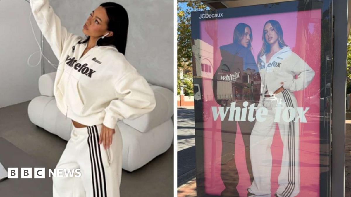 Two pictures show a woman wearing a white White Fox tracksuit taking a selfie and a bus stop billboard advertisement for the White Fox brand.