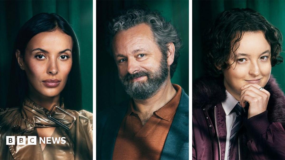 Maya Jama, Michael Sheen and Bella Ramsey all in smart clothes, looking straight at the camera