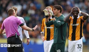 Hull City players surround the referee