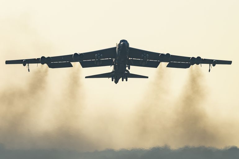 A United States Air Force B-52 Stratofortress strategic bomber takes off from RAF Fairford on March 19, 2026 in Fairford, England. Since UK Prime Minister Keir Starmer back-tracked on his initial refusal to allow the U.S. to use British bases to launch defensive strikes against Iranian missile sites, a variety of U.S. military aircraft, including B52 and B-1 bombers, have been spotted at RAF Fairford in Gloucestershire. (Photo by Leon Neal/Getty Images)