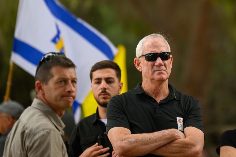 NIR OZ, ISRAEL - OCTOBER 07: Benny Gantz attends the Nir Oz memorial ceremony marking the first anniversary since Hamas attacked one year ago on October 07, 2024 in Nir Oz, Israel. Various commemorations are taking place around Israel to mark the anniversary of the Hamas attacks in Israel. On October 7, 2023, members of Hamas mounted a series of attacks and raids on Israeli citizens in the Gaza Envelope border area of Israel. 251 Israelis and foreigners were kidnapped with nearly 100 still unaccounted for and 1139 people were killed. (Photo by Alexi J. Rosenfeld/Getty Images)