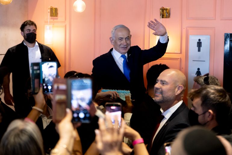 DIMONA, ISRAEL - OCTOBER 21: Israeli Prime Minister and Likud Party leader, Benjamin Netanyahu, greets supporters during an election campaign event ahead of Israel's general elections scheduled for next week on October 21, 2026 in Dimona, Israel. Israel will hold legislative elections on October 27, 2026. (Photo by Amir Levy/Getty Images)