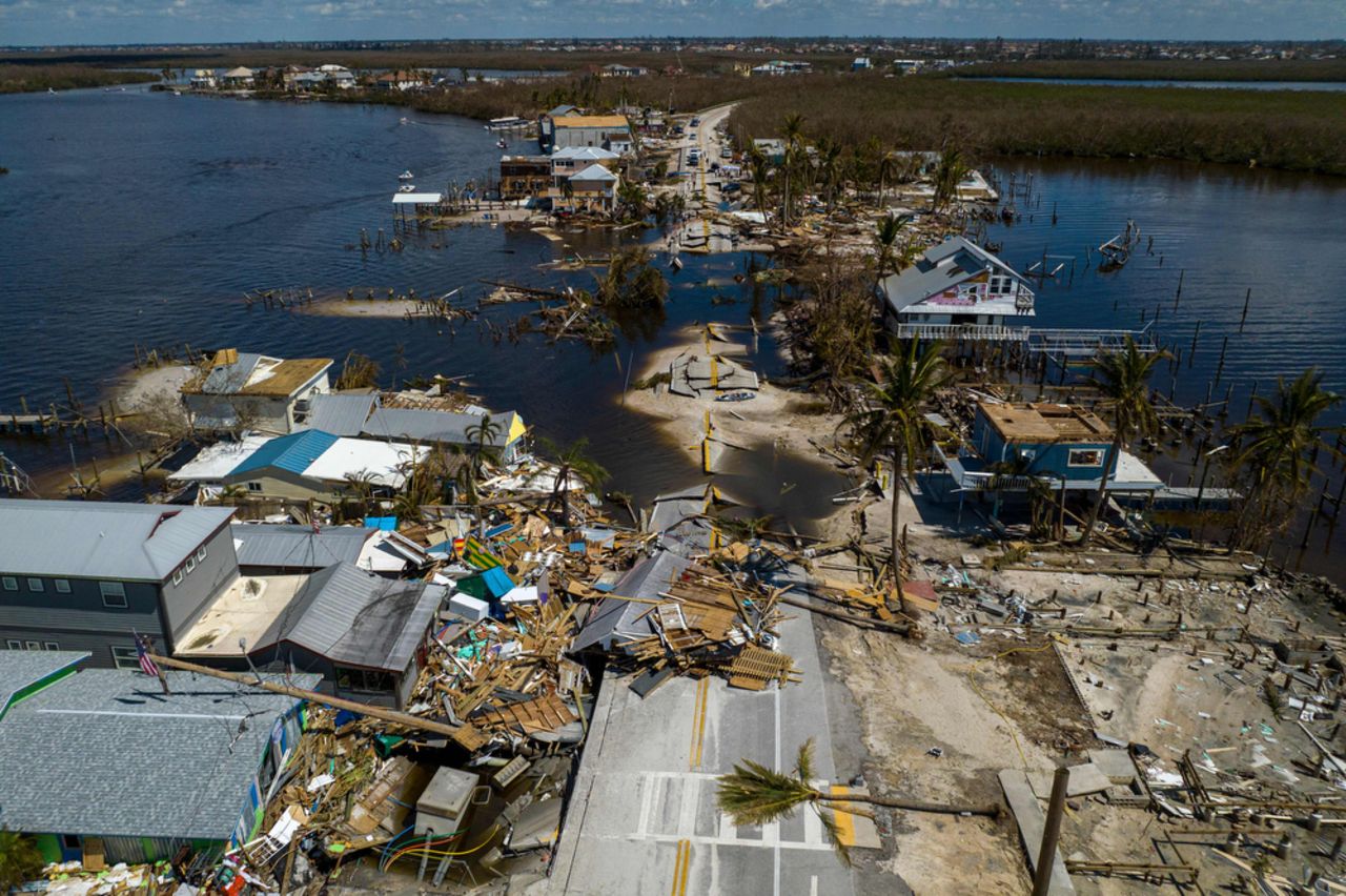 An aerial view of a destroyed and flooded section of Pine Island Road in the wake of Hurricane Ian in Matlacha, Florida, in October 2022.
