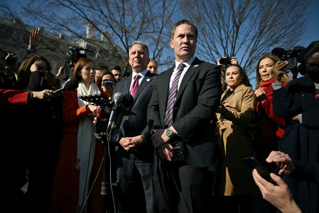 In this February 2025 photo, US Special Envoy to the Middle East Steve Witkoff and then-US National Security Advisor Mike Waltz speak to reporters outside of the West Wing of the White House in Washington, DC.