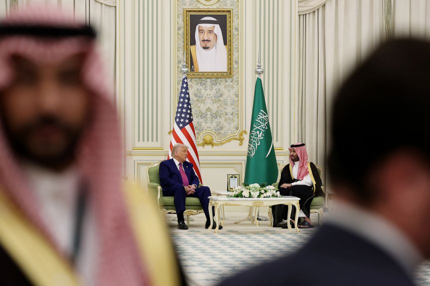 US President Donald J. Trump and Saudi Crown Prince Mohammed bin Salman attend a bilateral meeting at the Saudi Royal Court in Riyadh, on May 13, 2025.