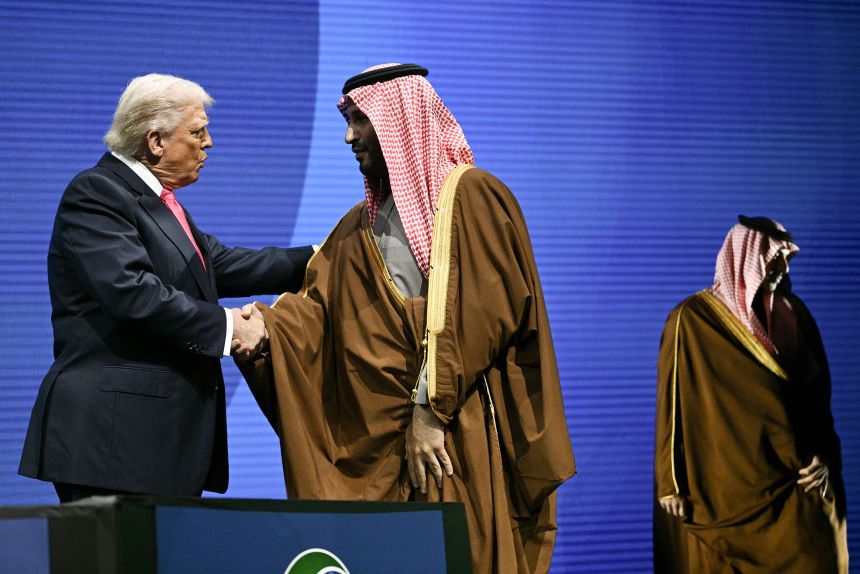 US President Donald Trump shakes hands with Crown Prince and Prime Minister of the Kingdom of Saudi Arabia Mohammed bin Salman.