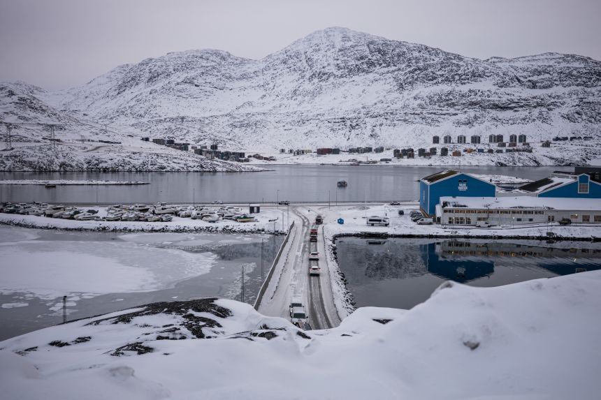 Vehicles on a narrow road in Nuuk, Greenland, on January 21, 2026.