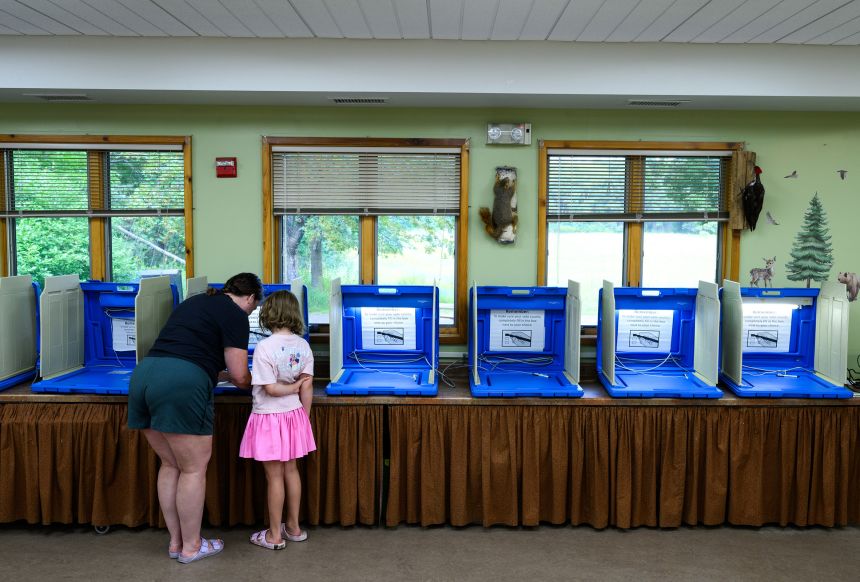 A voter fills out their ballot at a polling place in White Bear Township, Minnesota, during the primary election on August 11.
